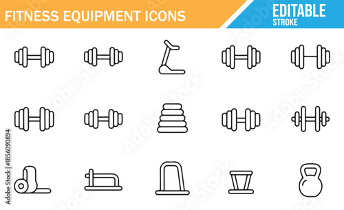 Minimal fitness line art icons. Editable stroke outline symbols for gym design.