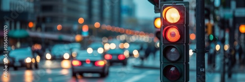 A traffic light at a street crossroads with a beautiful bokeh city and cars in the background. High quality 