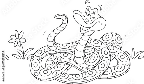 Funny spotted snake coiled in grass and friendly smiling, black and white vector cartoon illustration for a coloring book