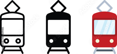 Tram and subway train icons set illustrating outline solid and red flat versions of electric public transport for urban transit and city commuting systems on checkered background vector graphic