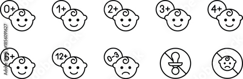 Baby age icons set outline illustration age restriction symbol for children products zero plus to twelve months plus sign isolated on transparent background