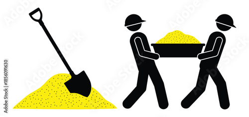 Construction workers carrying sand with shovel on site