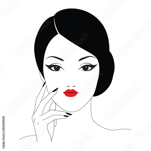 Elegant woman with red lips and stylish hairdo touching face