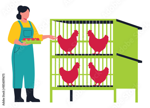 Woman feeding chickens in a modern green coop with red hens