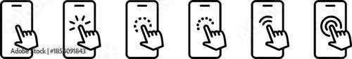 Mobile phone tap screen finger touch icon vector illustration ui ux kit symbol black and white graphic interface web element design isolated set user experience