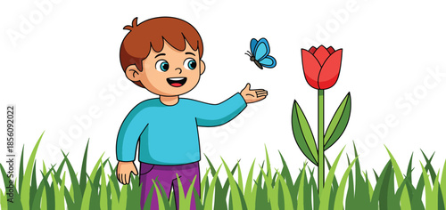 Happy little boy exploring nature with butterfly and tulip