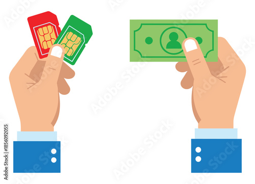 Hands exchanging SIM cards for cash in modern transaction