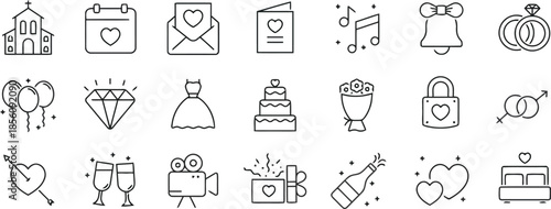 Set of Wedding Icons in Line Style Church Calendar Envelope Card Music Bell Rings Balloons Diamond Dress Cake Bouquet Padlock Love Champagne