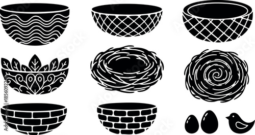 Decorative and rustic black silhouette nests, eggs, bowls, and bird illustrations for natural design elements vector 