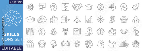 Skills line icon set.  assertiveness, Containing communication, empathy, problem-solving, creativity, punctuality, work ethics, etc . Fully Editable . Vector illustration.