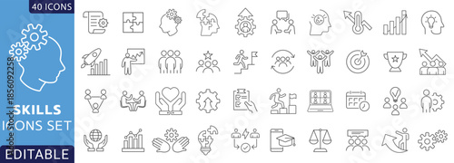 Skills line icon set.  assertiveness, Containing communication, empathy, problem-solving, creativity, punctuality, work ethics, etc . Fully Editable . Vector illustration.
