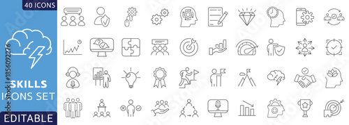 Skills line icon set.  assertiveness, Containing communication, empathy, problem-solving, creativity, punctuality, work ethics, etc . Fully Editable . Vector illustration.