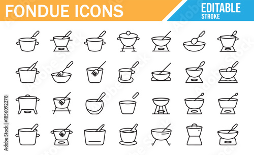 Set of linear fondue tools. Various pots, stoves, and forks for traditional Swiss meals.