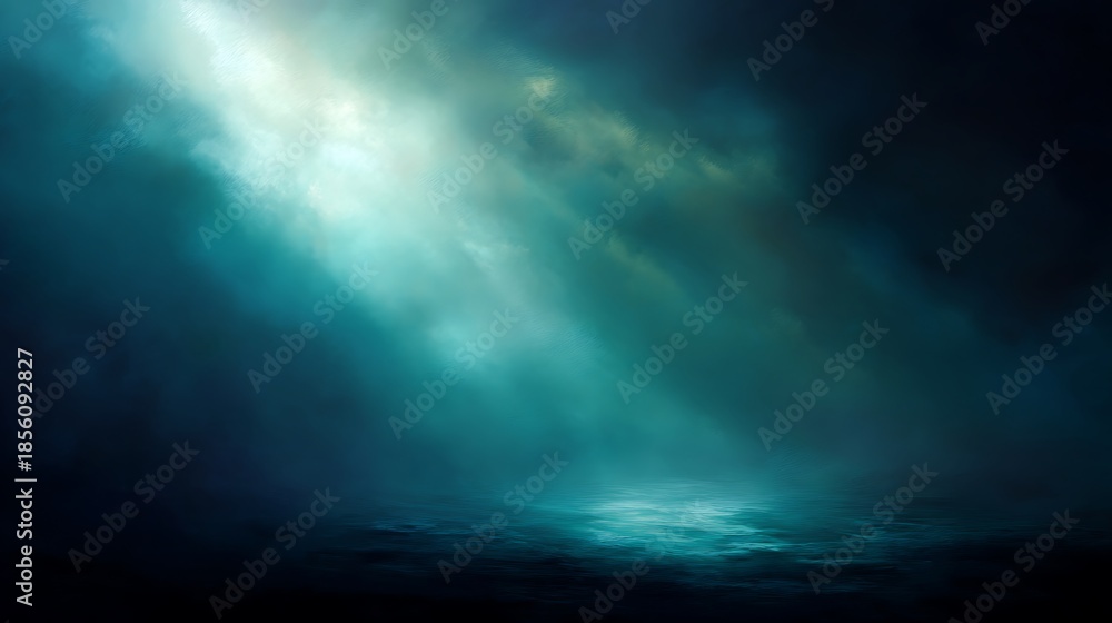 Obraz premium Dramatic Light Rays Piercing Through Dark Teal Clouds Over Water Surface sunbeams god rays photo