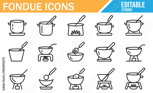 Fondue cooking utensils set. Line illustration symbols for heating, melting, and dipping.