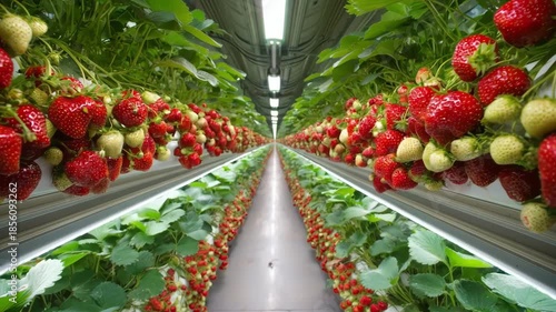 Medium shot of hydroponic strawberries growing vertically in nutrientrich solutions under controlled indoor lighting