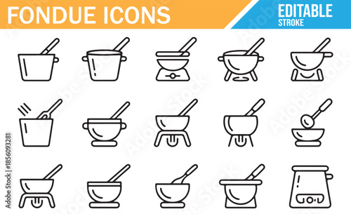 Simple fondue icons collection. Outline graphic signs for preparing and serving hot dips.
