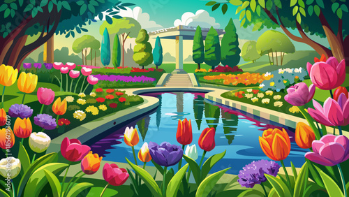 Very beautiful vibrant spring garden featuring blooming tulips and hyacinths surrounding a reflective pond, creating a serene floral landscape filled with color, symmetry, and peaceful natural beauty.