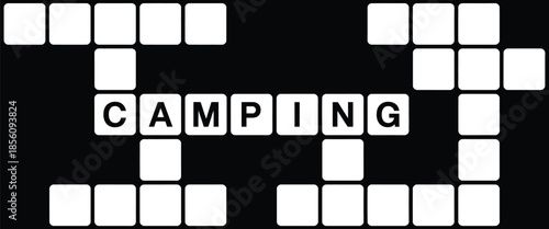 A alphabet letter in word camping on crossword puzzle background, creative educational concept for learning, word games, brain teasers, spelling practice, and puzzle illustrations.
