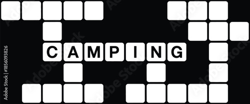 A alphabet letter in word camping on crossword puzzle background, playful design for education, literacy development, game-based learning, word search activities, and interactive learning materials.