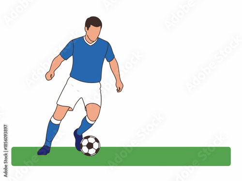 Football player in blue and white kit dribbling ball