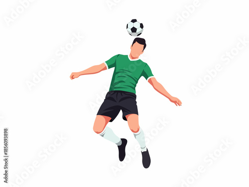Soccer player jumping for a header in green kit