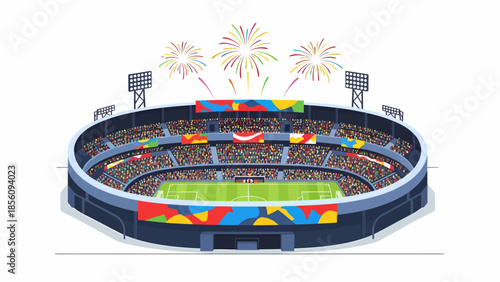Circular soccer stadium with audience and festive fireworks