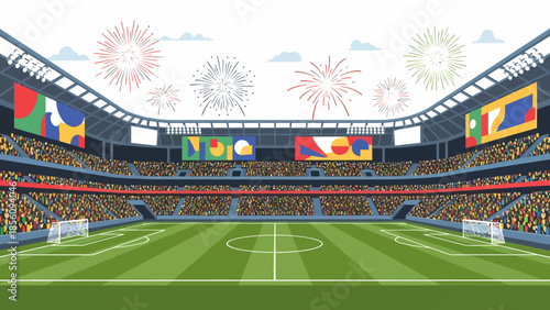 Wide view of soccer stadium with screens and fireworks