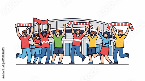 Happy football fans holding team scarves in front of stadium