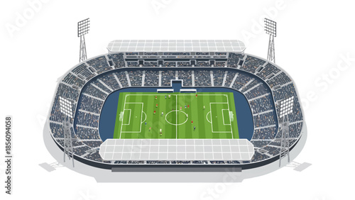 Isometric soccer stadium with players on the green pitch