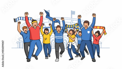 Enthusiastic supporters cheering with scarves and blue flags