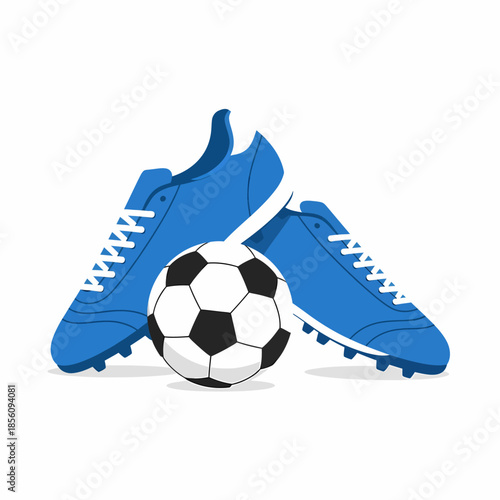 Pair of blue soccer boots with a football