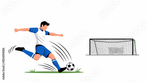 Soccer player kicking ball towards the goal post