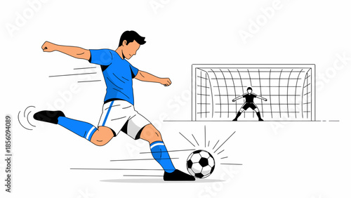 Football striker shooting ball at goal with goalkeeper