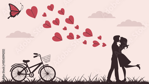 Romantic silhouette of a loving couple kissing with flying hearts, a bicycle, and a butterfly