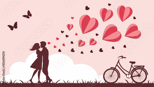 A romantic silhouette scene depicting a couple's tender embrace with floating hearts and a bicycle