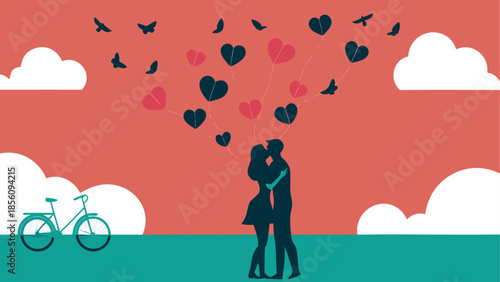 A romantic silhouette of a couple kissing under a sky of floating hearts and birds