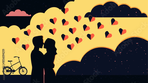 Romantic embrace: a couple's tender kiss beneath a sky adorned with numerous hearts
