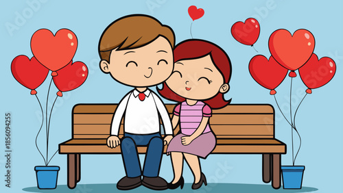 A loving cartoon couple enjoys a joyful moment together on a bench surrounded by heart balloons