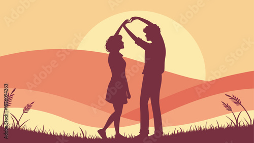 Romantic couple silhouetted at sunset forming a heart with their hands against a beautiful horizon