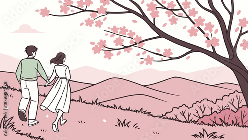 A romantic spring stroll: couple holding hands amidst beautiful cherry blossoms and serene hills