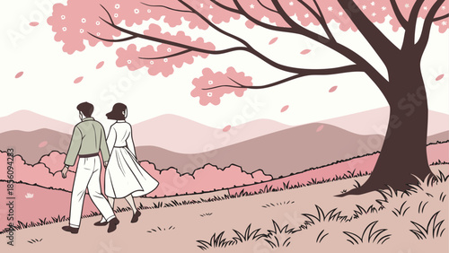 A romantic stroll: couple walking hand in hand under a beautiful blossoming tree