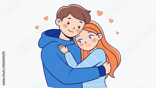 A sweet moment of an embracing cartoon couple showing their affection with floating hearts