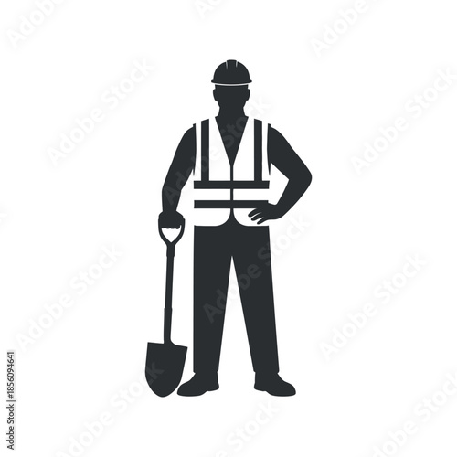 A silhouette of a construction worker holding a shovel representing labor and infrastructure projects clearly