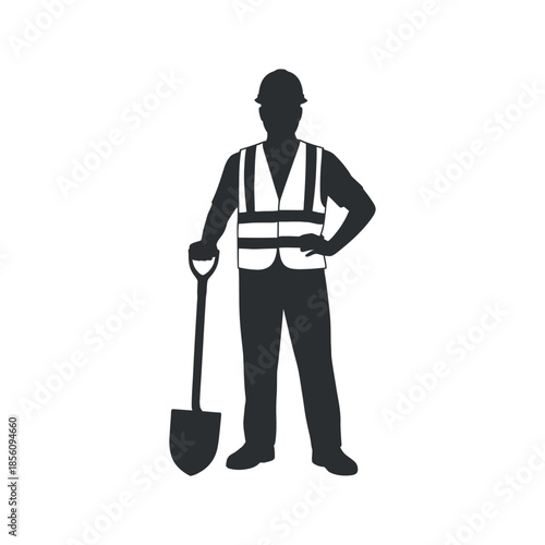 A silhouette of a construction worker stands holding a shovel representing labor and infrastructure work