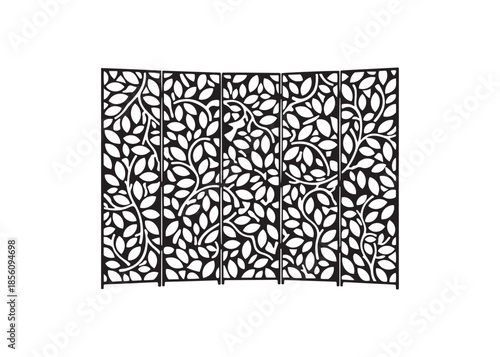 Elegant black room divider with intricate floral and leafy patterns