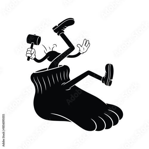 Vintage Rubber Hose Cartoon Character Giant Foot Mascot with Retro Hammer and Gloves Vector Illustration