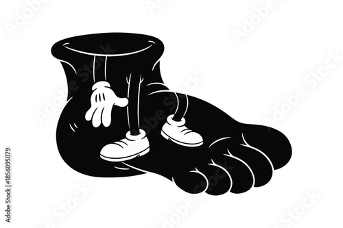 Vintage Rubber Hose Cartoon Character Giant Foot Mascot with Retro Hammer and Gloves Vector Illustration