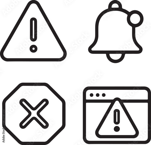 Set of warning and notification icons in simple black line style