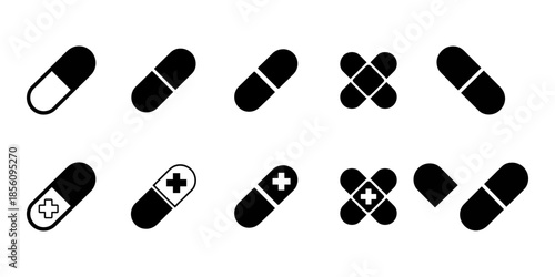 Various medicine pills and capsules icons in black and white